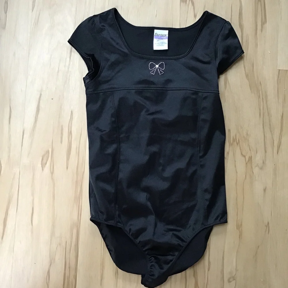 Danskin Now Black Soot Pink Bow‎ Silver Heart Bling Dance Costume Leotard 14/16